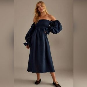 Sleeper 100% linen atlanta smocked midi dress, medium